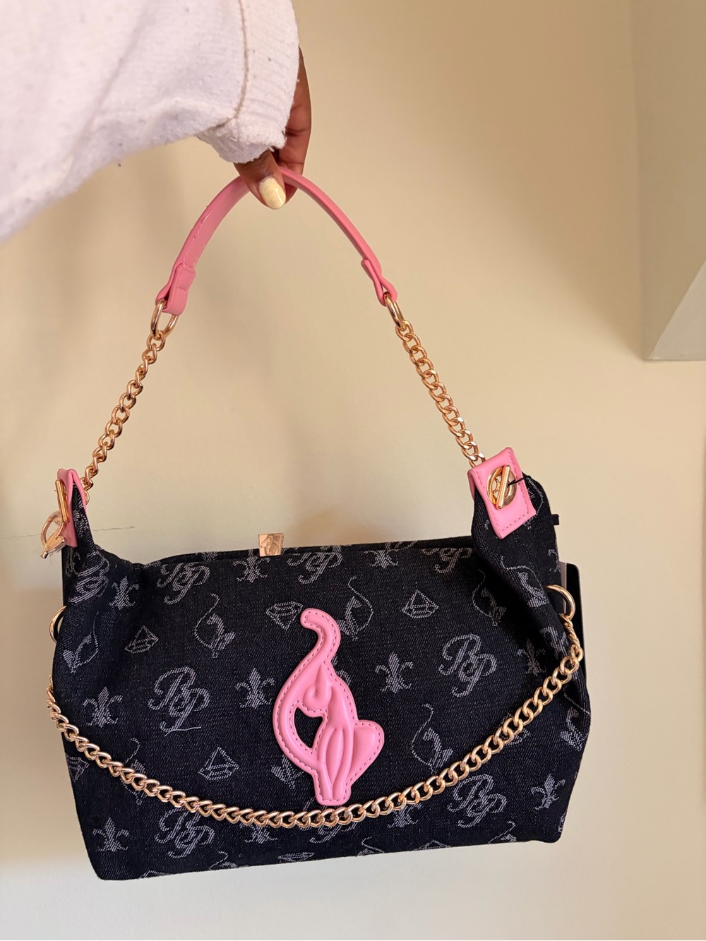 Baby Phat Black Denim Purse with Pink Accents & Gold Chain